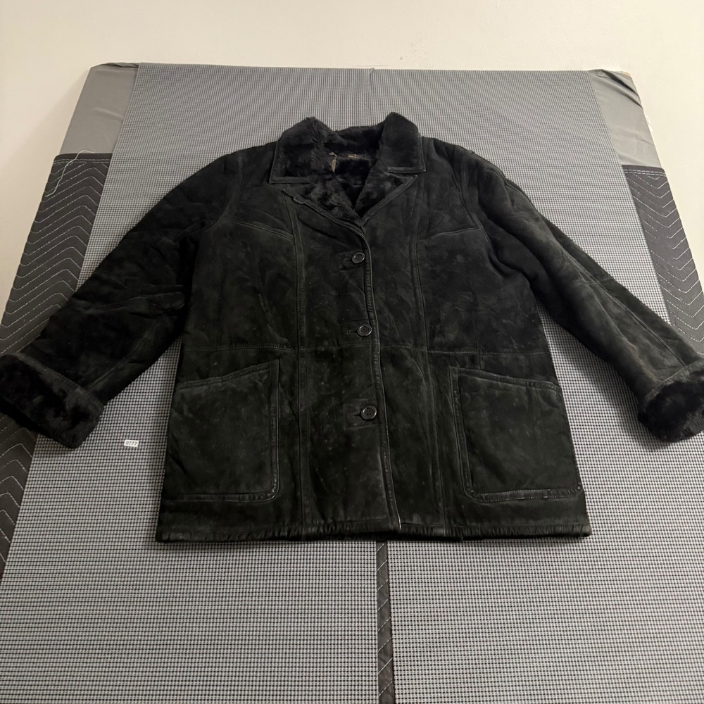 Fleet Street Womens Black Suede Leather Faux Fur Lined Winter Coat Jacket Size L